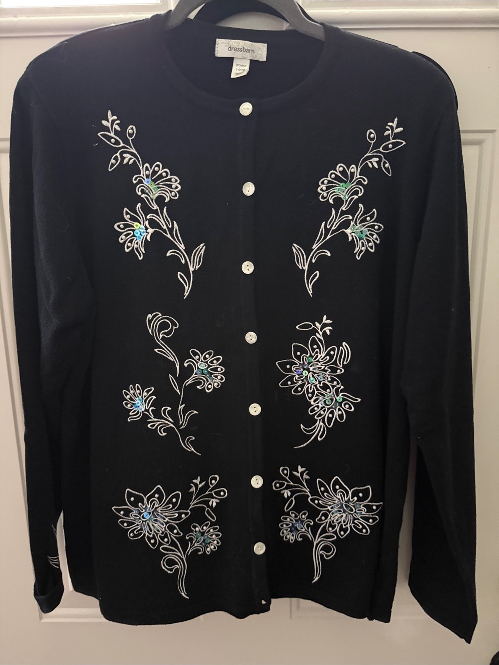 dressbarn Black Cardigan with White Floral Embroidery and Iridescent Beads